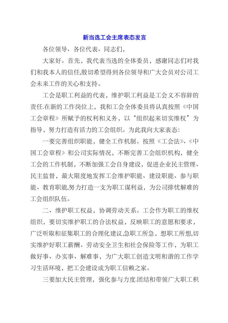 新当选工会主席表态发言