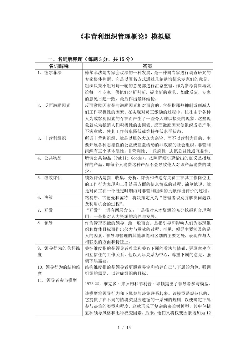 非营利组织管理概论模拟题1