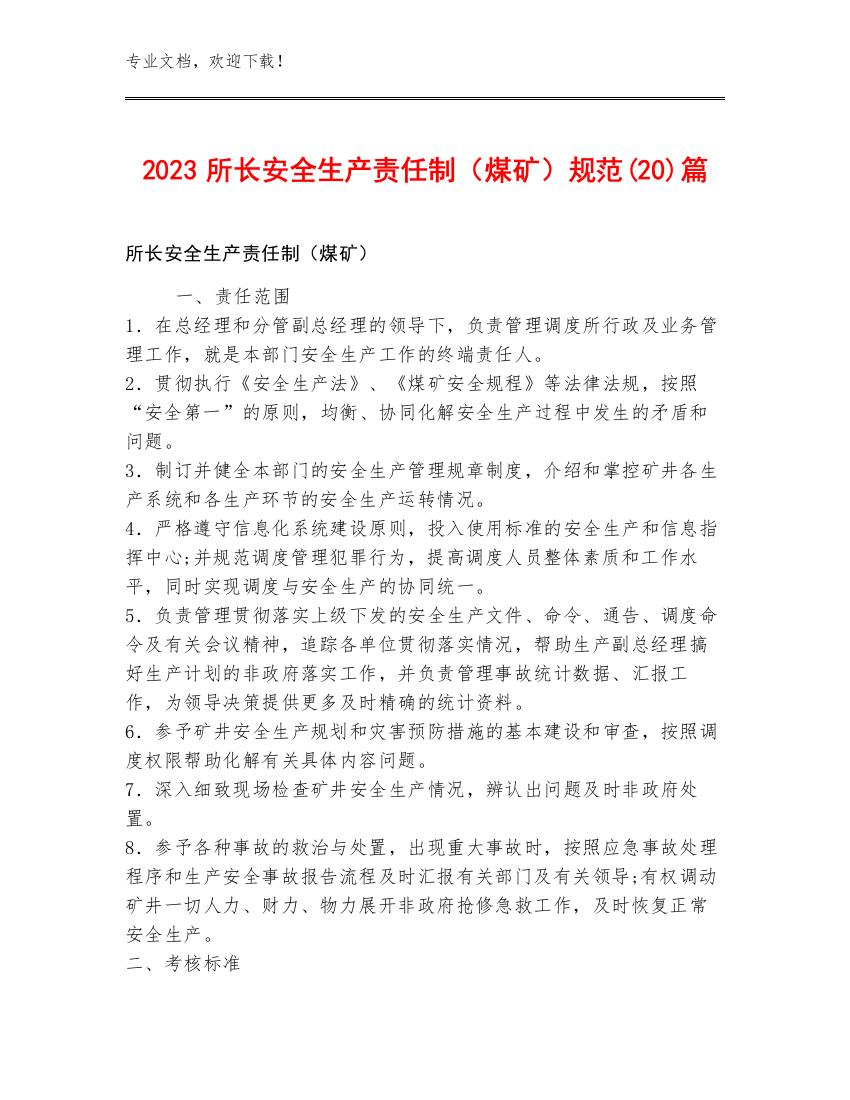 2023所长安全生产责任制（煤矿）规范(20)篇