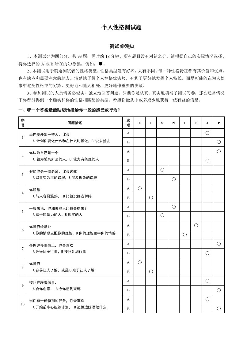 MBTI职业性格测试题含答题卡资料及测试结果分析