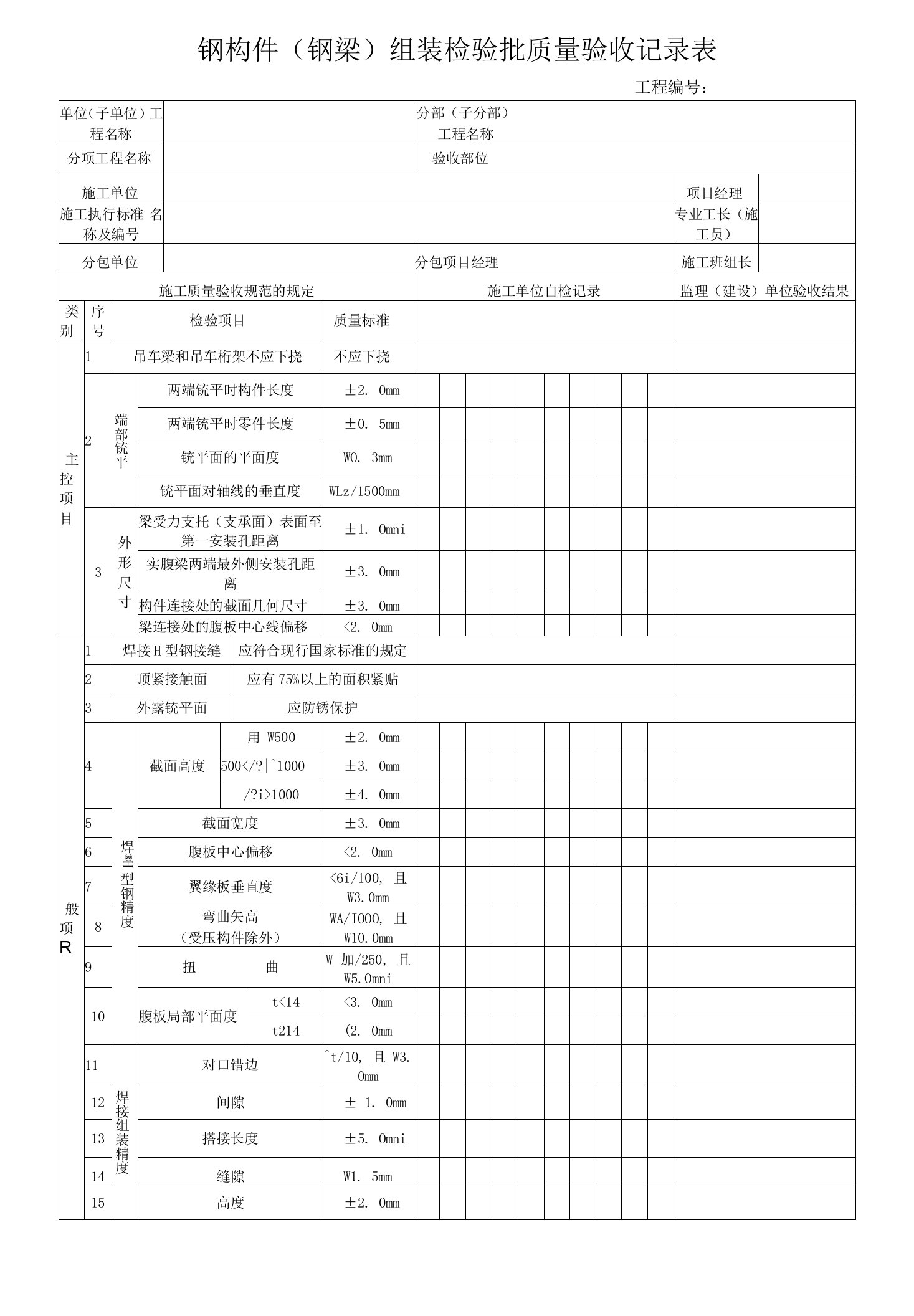 电力工程钢构件（钢梁）组装检验批质量验收记录表