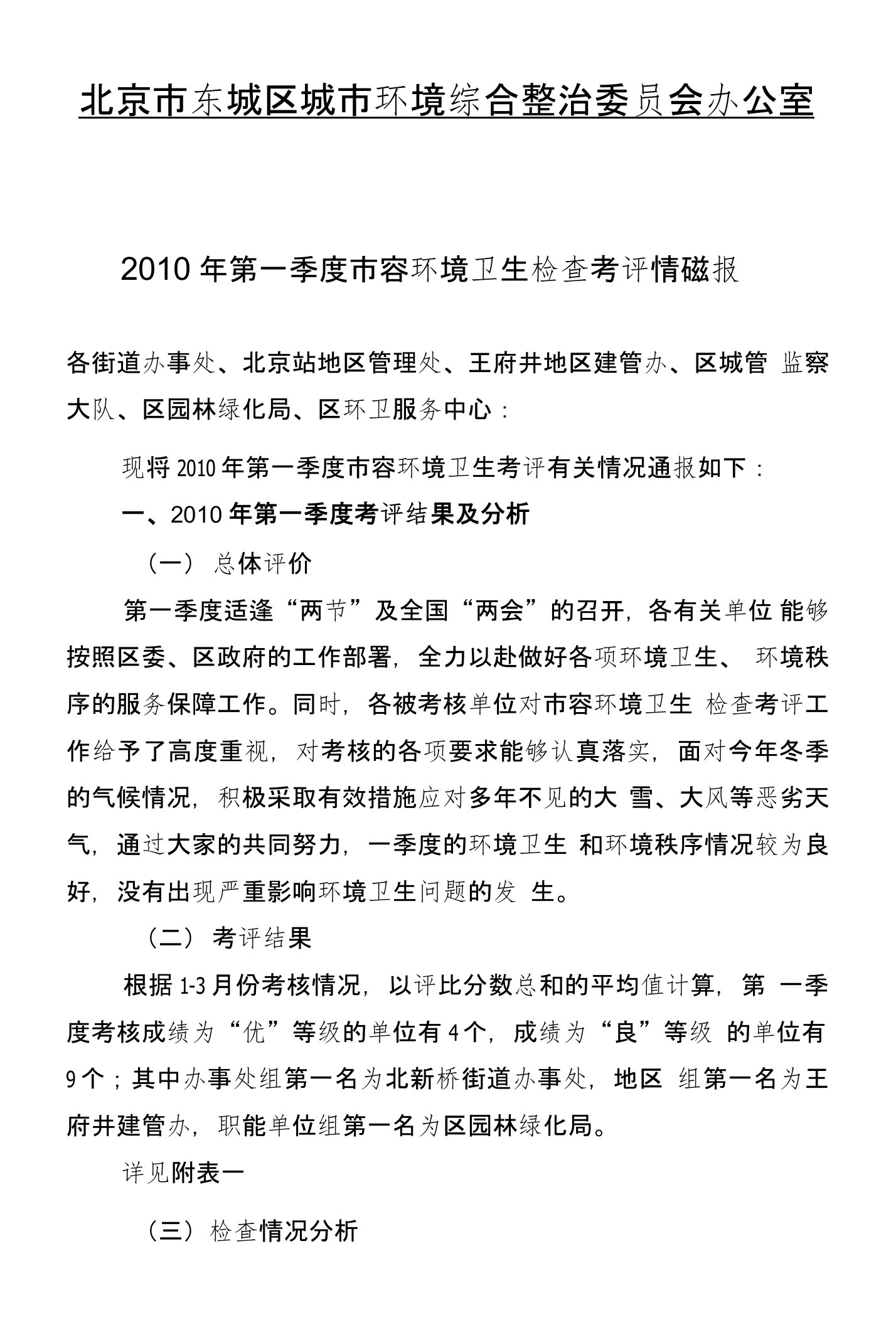 2010年第一季度市容环境卫生检查考评情况通报