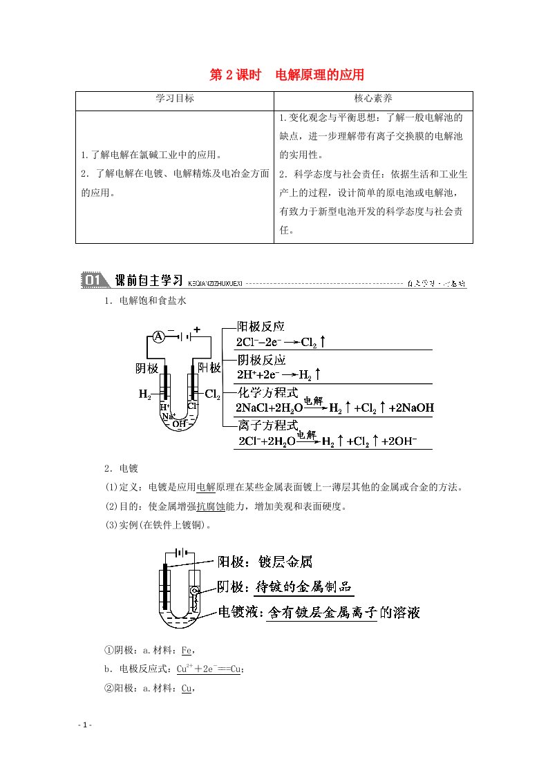 2020_2021学年高中化学第四章电化学基础第三节第2课时电解原理的应用学案新人教版选修4