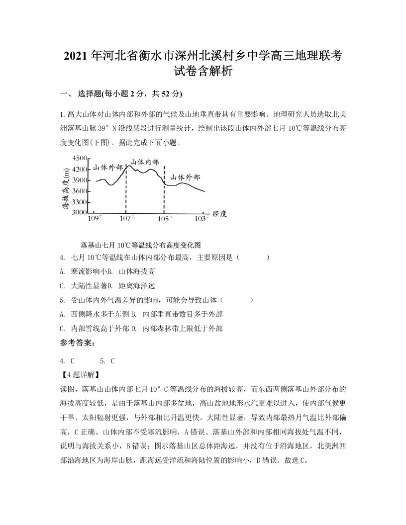 2021年河北省衡水市深州北溪村乡中学高三地理联考试卷含解析