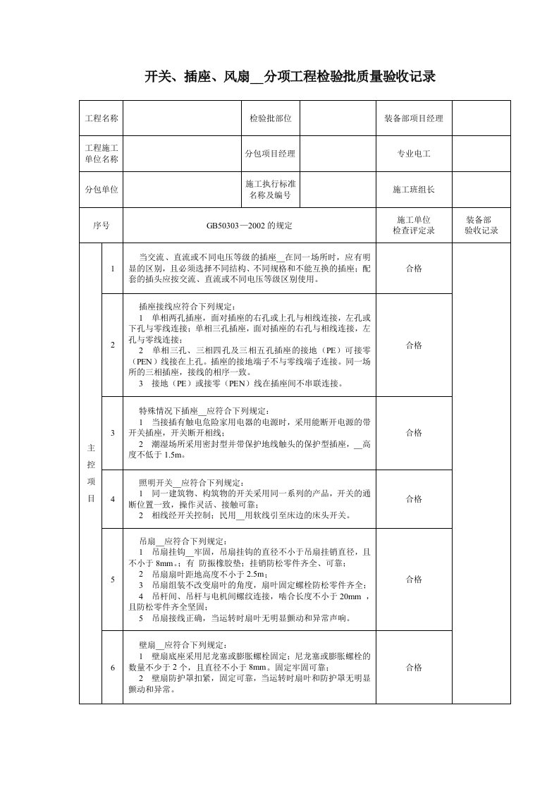 装备部-开关插座批质量验收记录