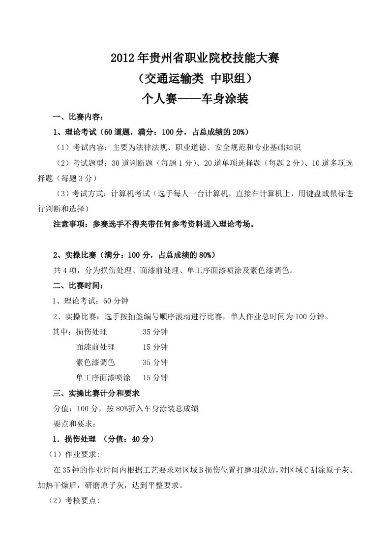 汽修技能大赛个人赛-车身涂装项目技术方案