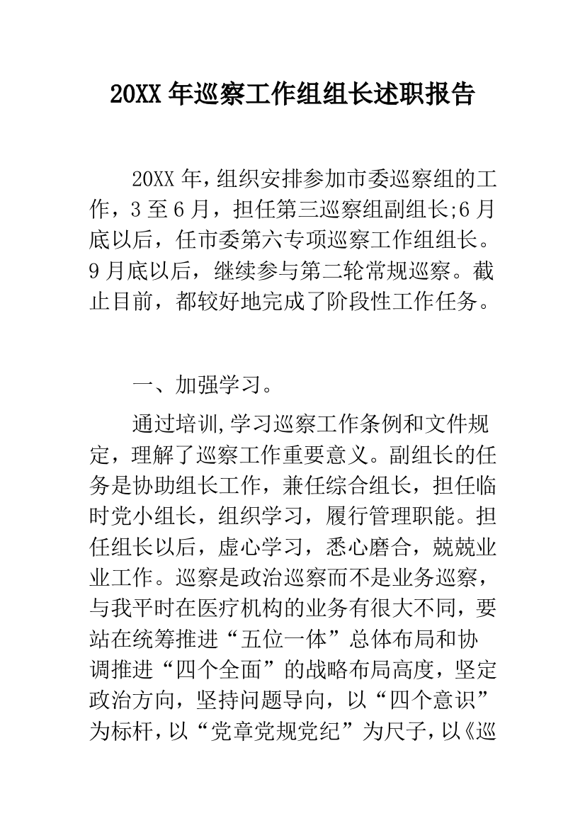 20XX年巡察工作组组长述职报告