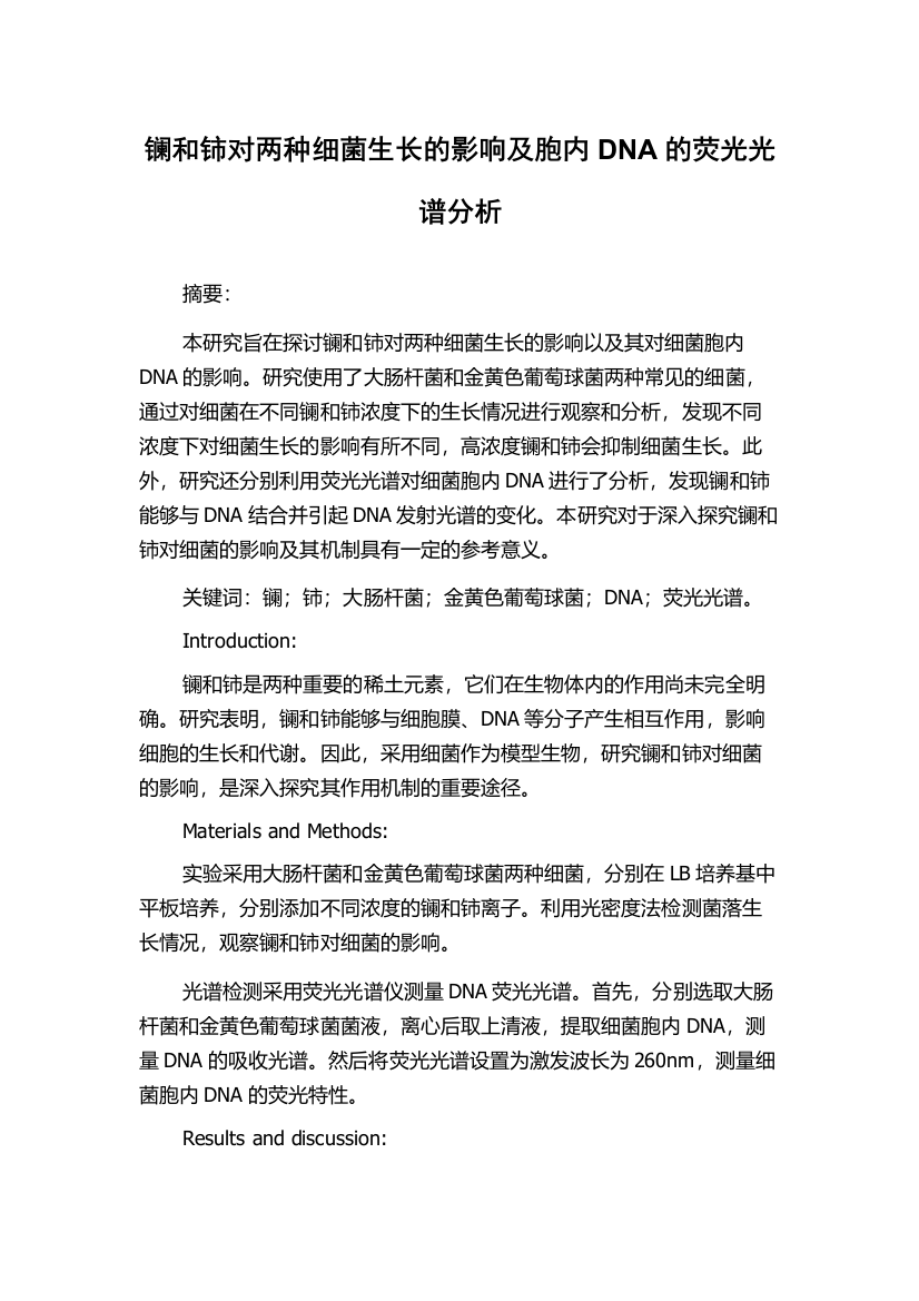 镧和铈对两种细菌生长的影响及胞内DNA的荧光光谱分析