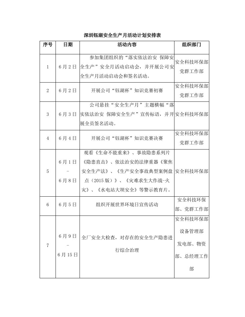 安全生产月活动计划安排表