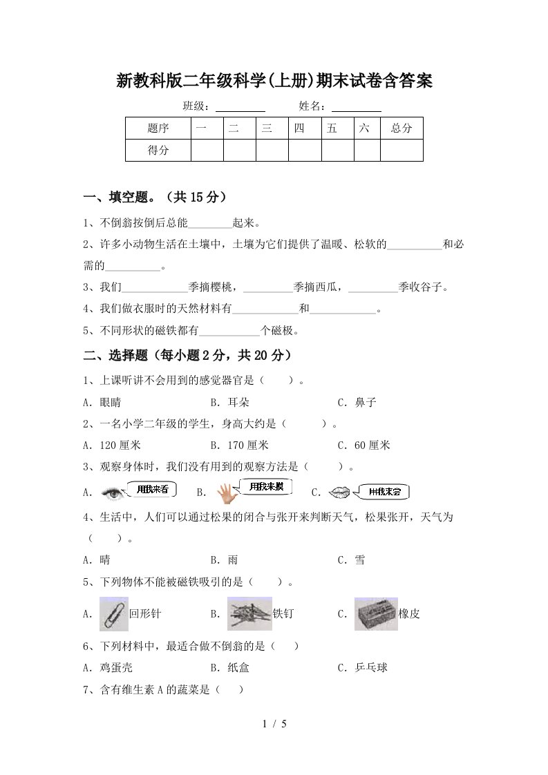 新教科版二年级科学上册期末试卷含答案