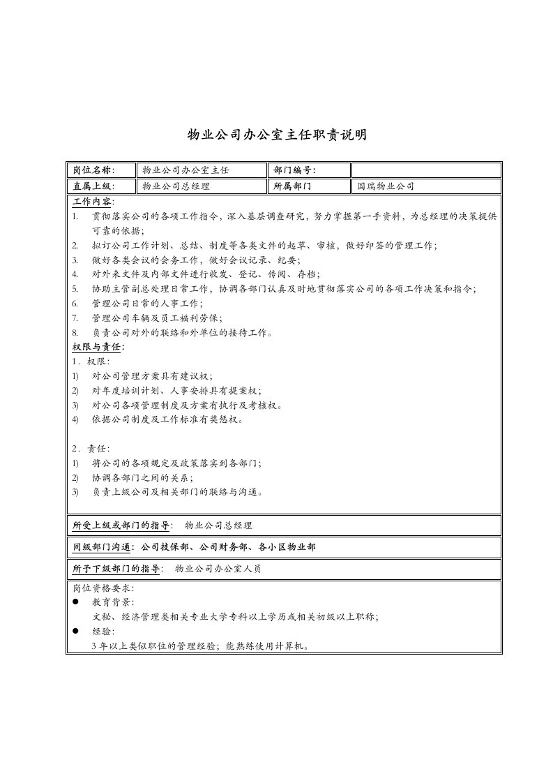 物业管理-新疆国际置地物业公司办公室主任职责说明书