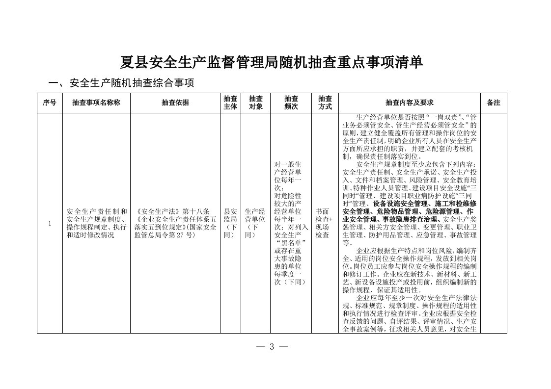 夏县安全生产监督管理局随机抽查重点事项清单