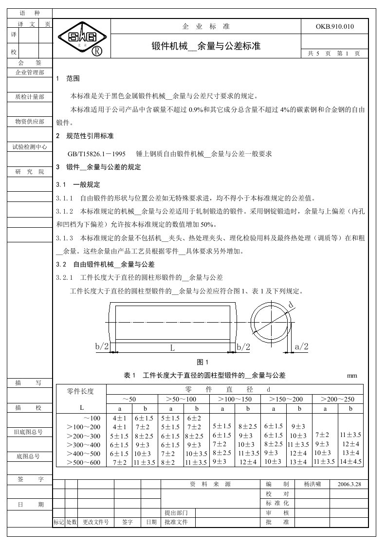 锻件机械加工余量与公差标准