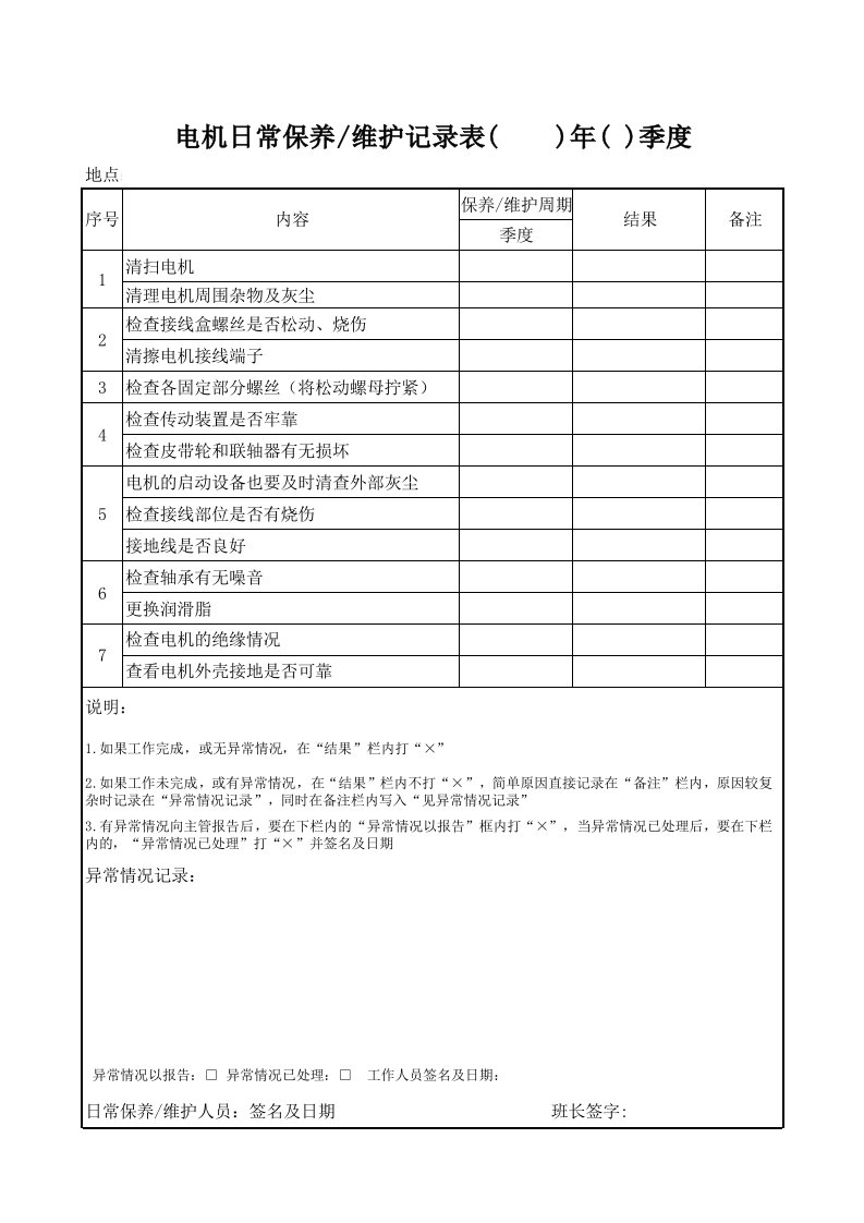 电机日常保养维护记录表