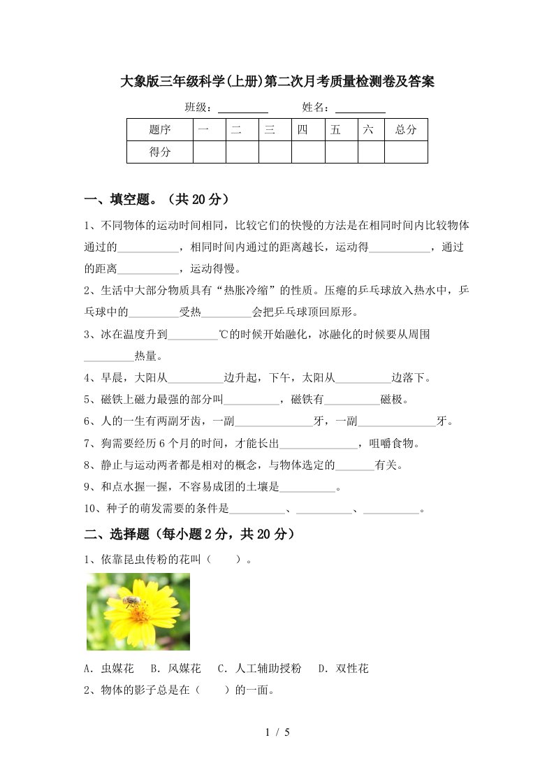 大象版三年级科学上册第二次月考质量检测卷及答案