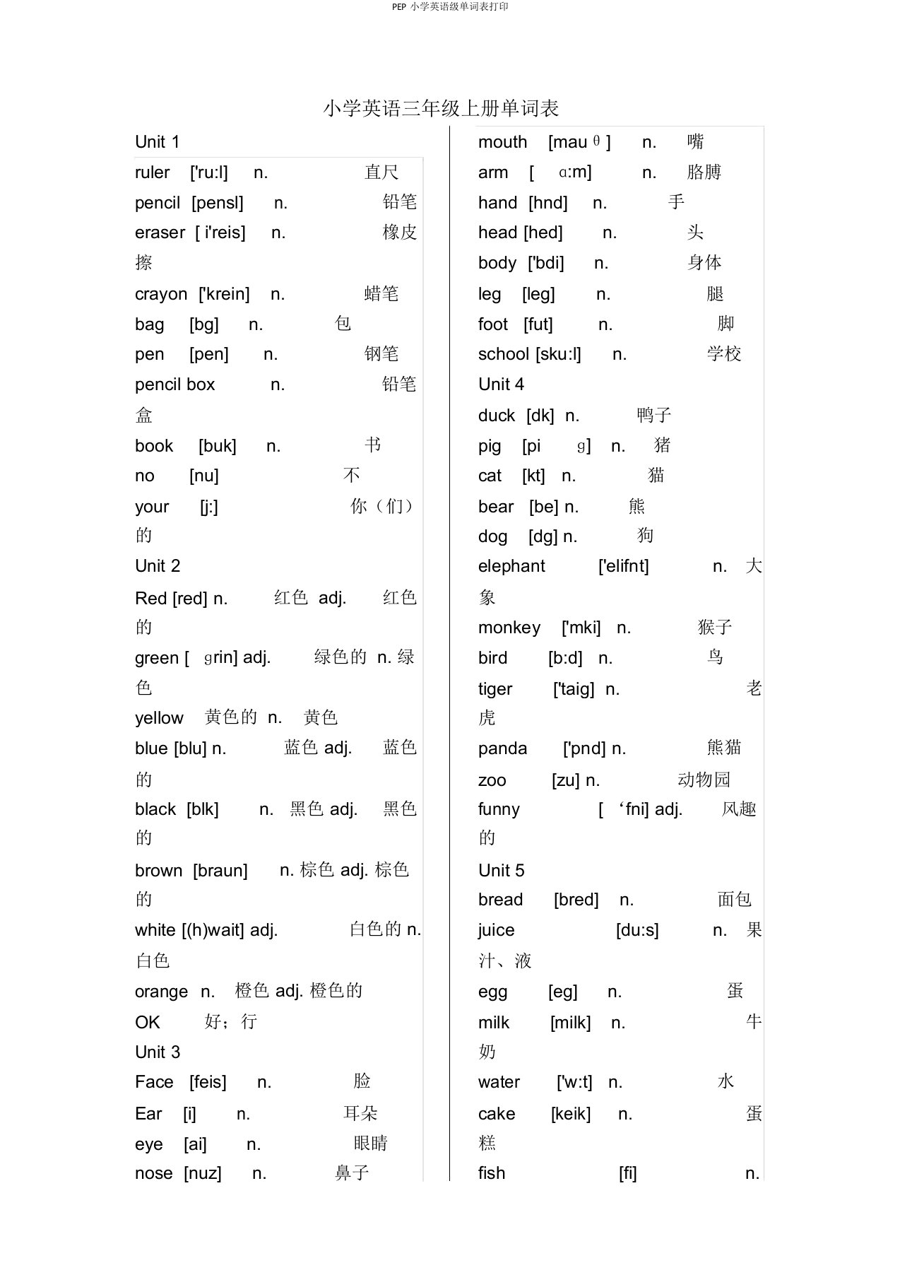 PEP小学英语级单词表打印