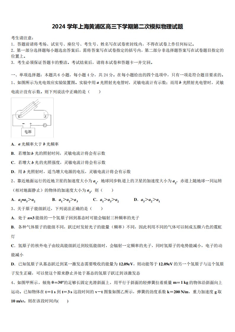 2024学年上海黄浦区高三下学期第二次模拟物理试题