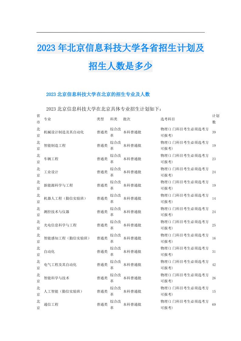 北京信息科技大学各省招生计划及招生人数是多少