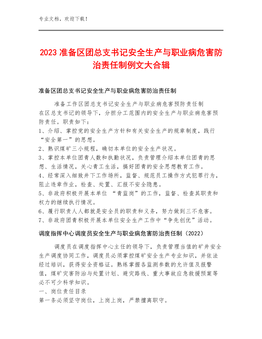 2023准备区团总支书记安全生产与职业病危害防治责任制例文大合辑