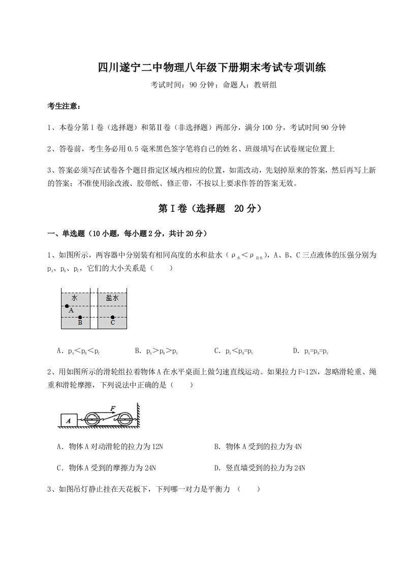 综合解析四川遂宁二中物理八年级下册期末考试专项训练试题（含答案解析）