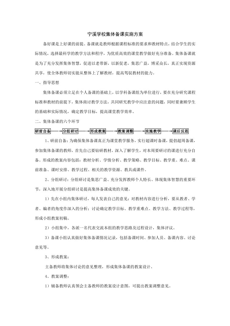 宁溪学校集体备课实施方案