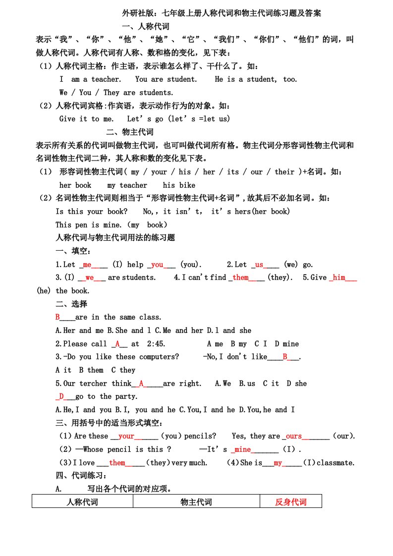 七年级英语人称代词和物主代词练习题及答案