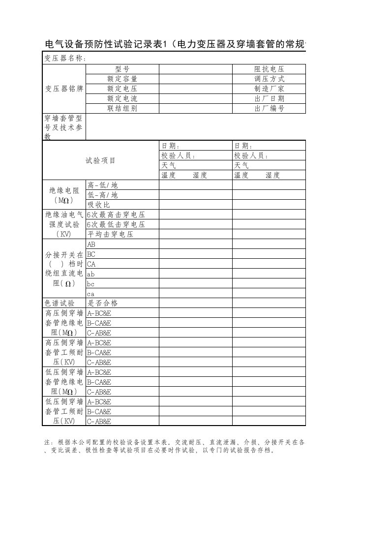 电气设备预防性试验记录表