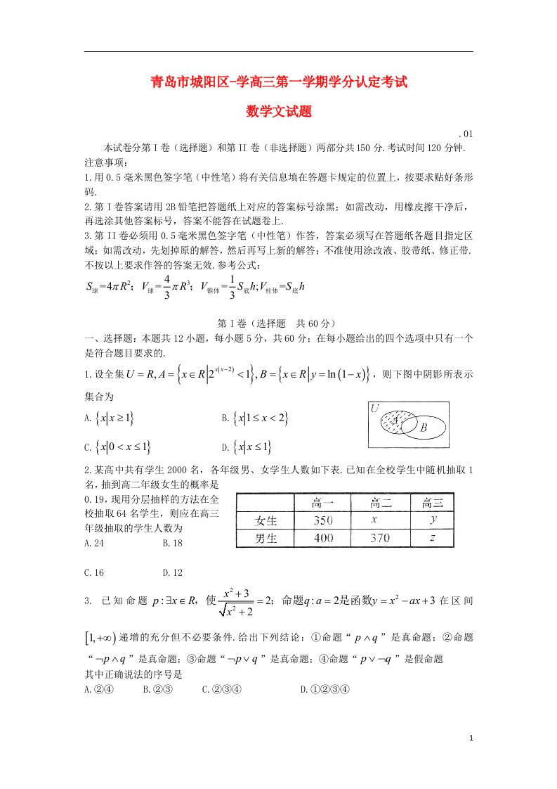 山东省青岛市城阳区高三数学上学期学分认定考试试题