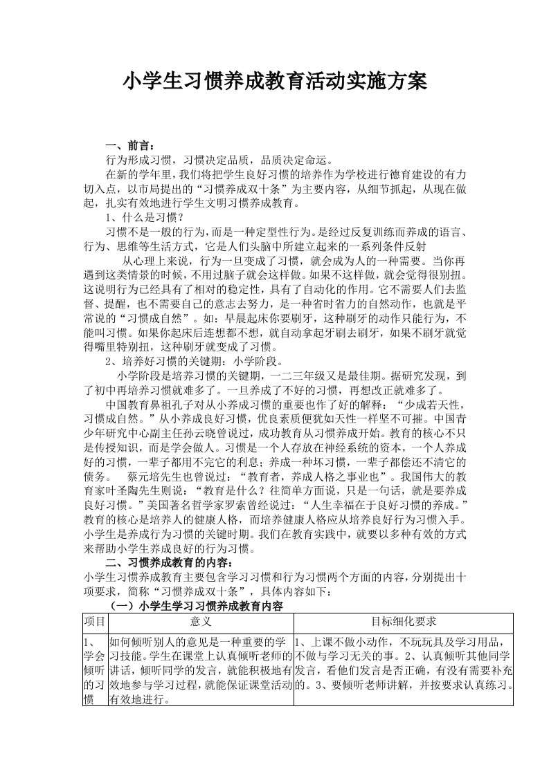 小学生习惯养成教育活动年级实施方案