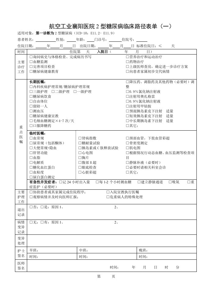 2型糖尿病临床路径表单20120917定稿