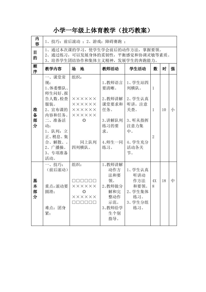 小学一年级上体育教学技巧教案