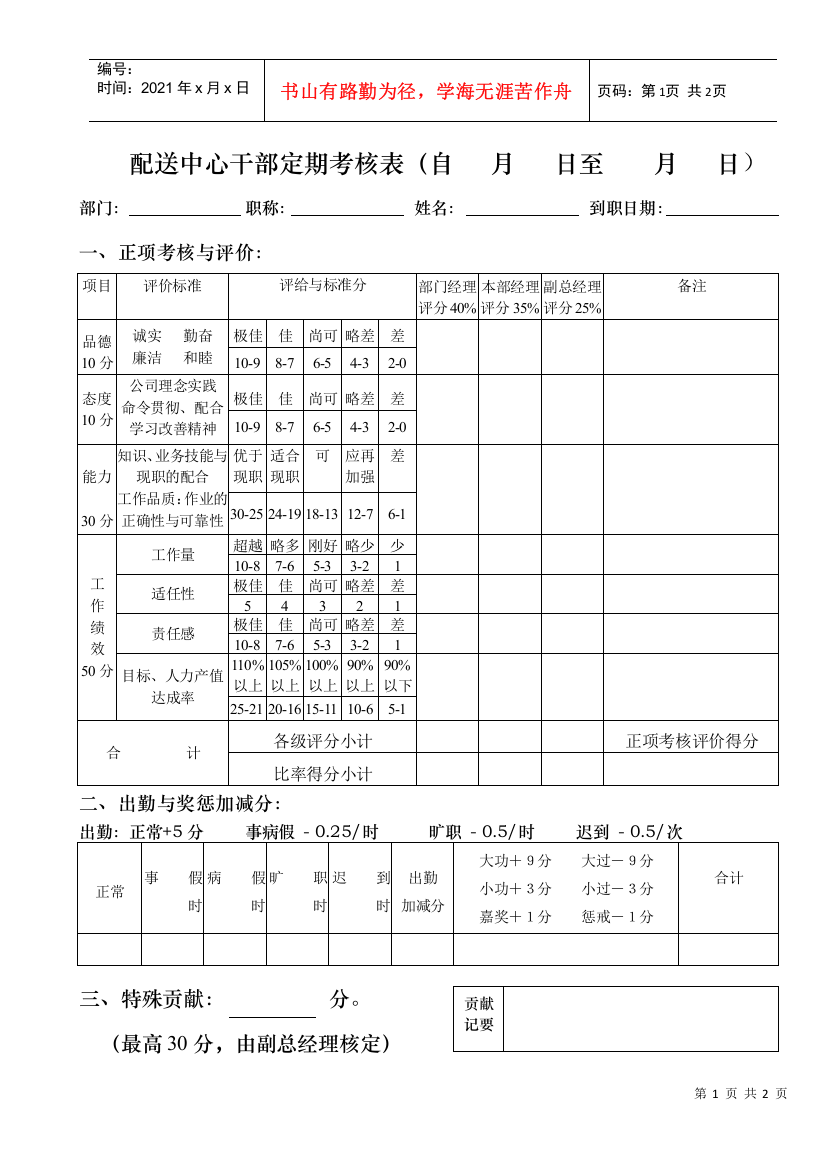 配送中心干部定期考核表