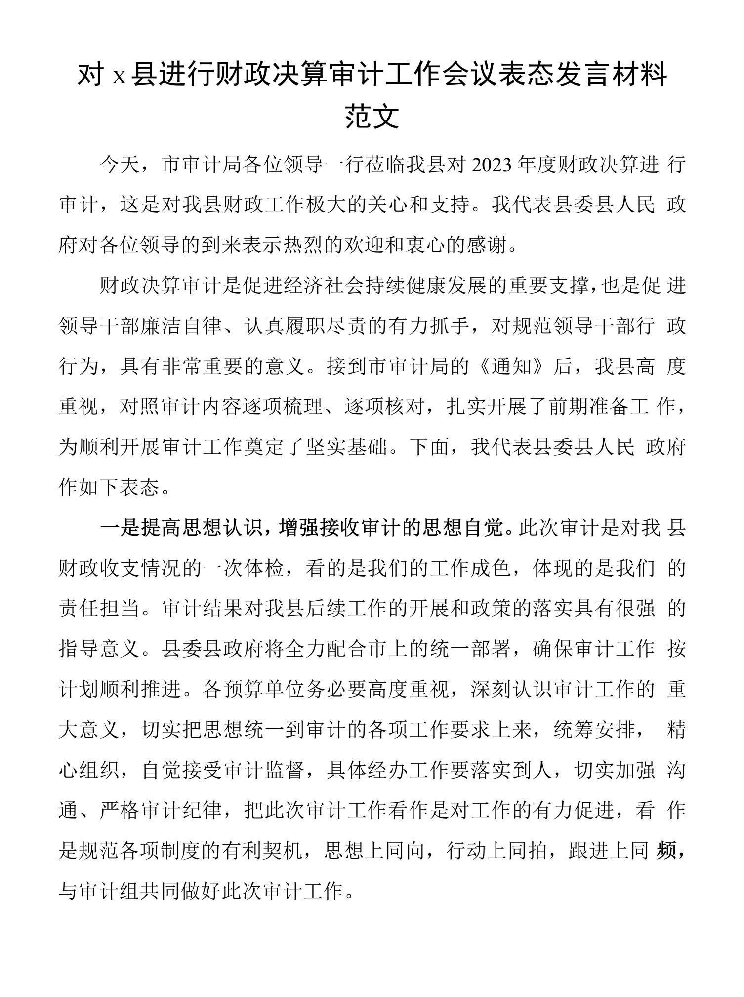 x县进行财政决算审计工作会议表态发言材料