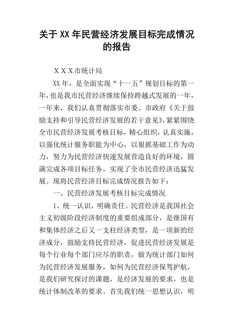 关于某年民营经济发展目标完成情况的报告