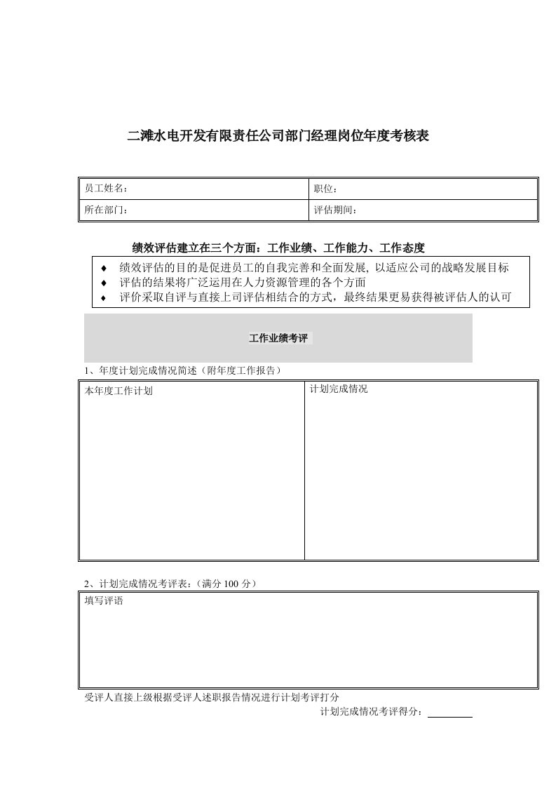 绩效管理表格-二滩水电开发有限责任公司部门经理岗位年度考核表