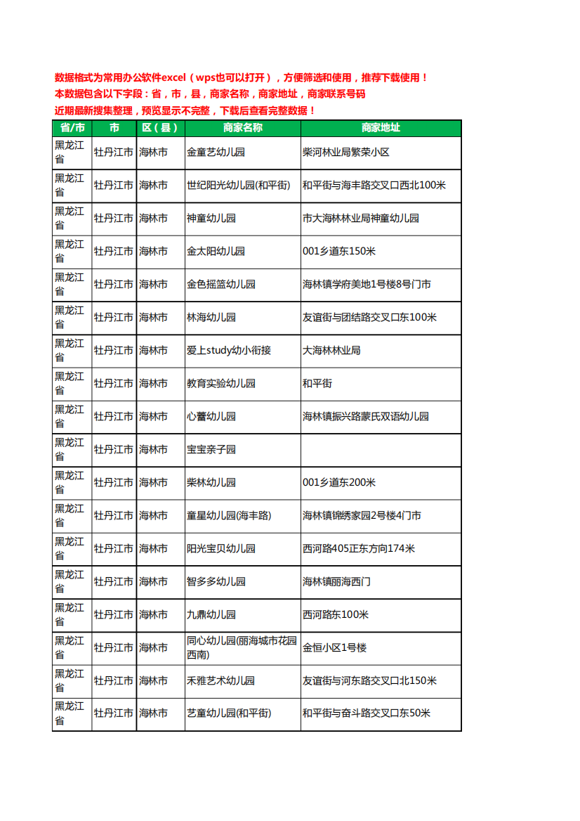 2020新版黑龙江省牡丹江市海林市幼儿园工商企业公司商家名录名单联系电