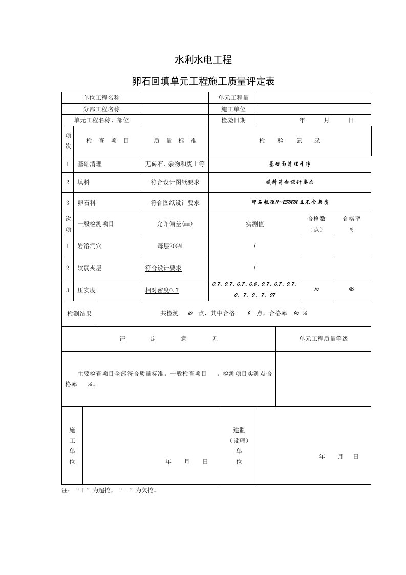 水利水电工程卵石回填施工质量评定表