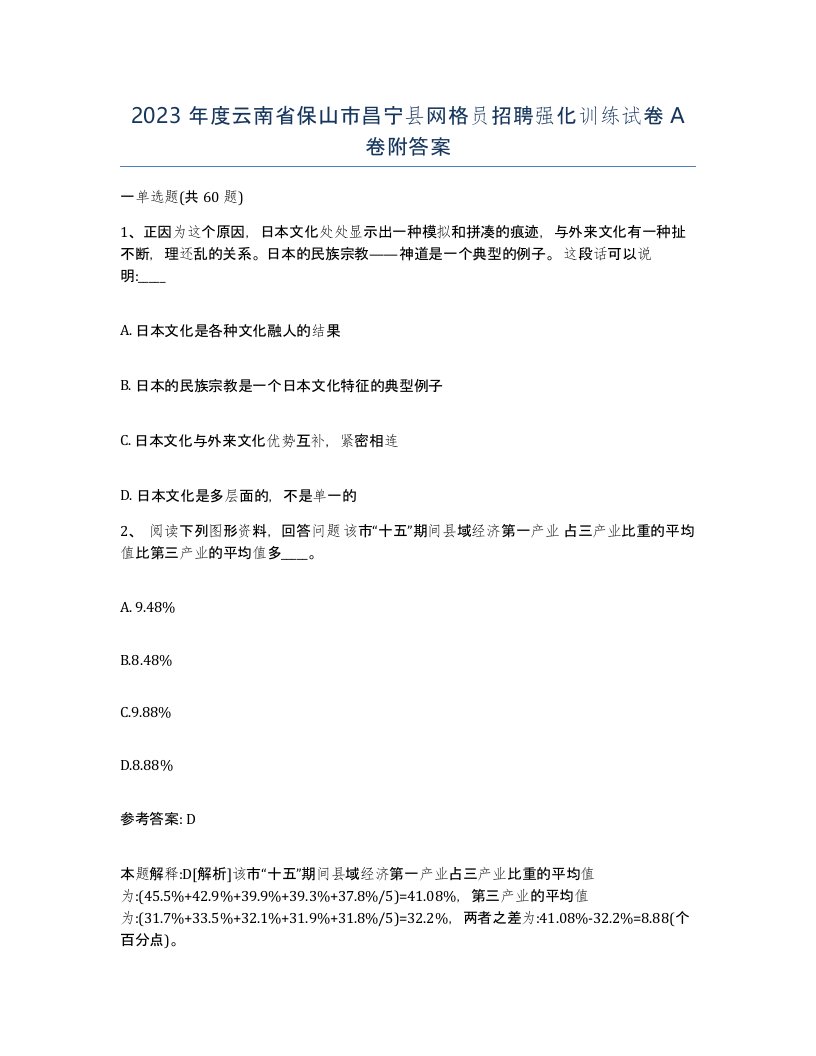 2023年度云南省保山市昌宁县网格员招聘强化训练试卷A卷附答案