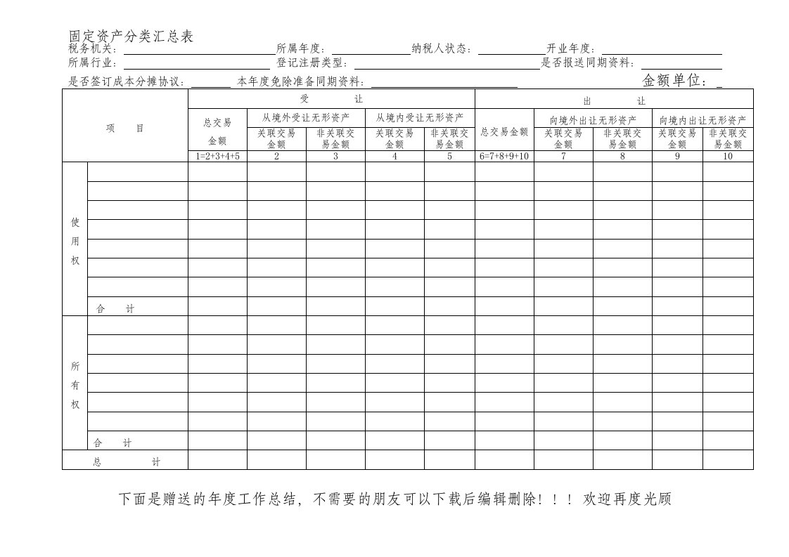 关联业务往来报告表固定资产分类汇总表