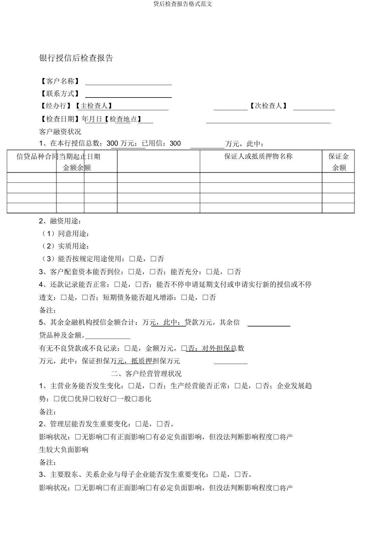 贷后检查报告格式范文