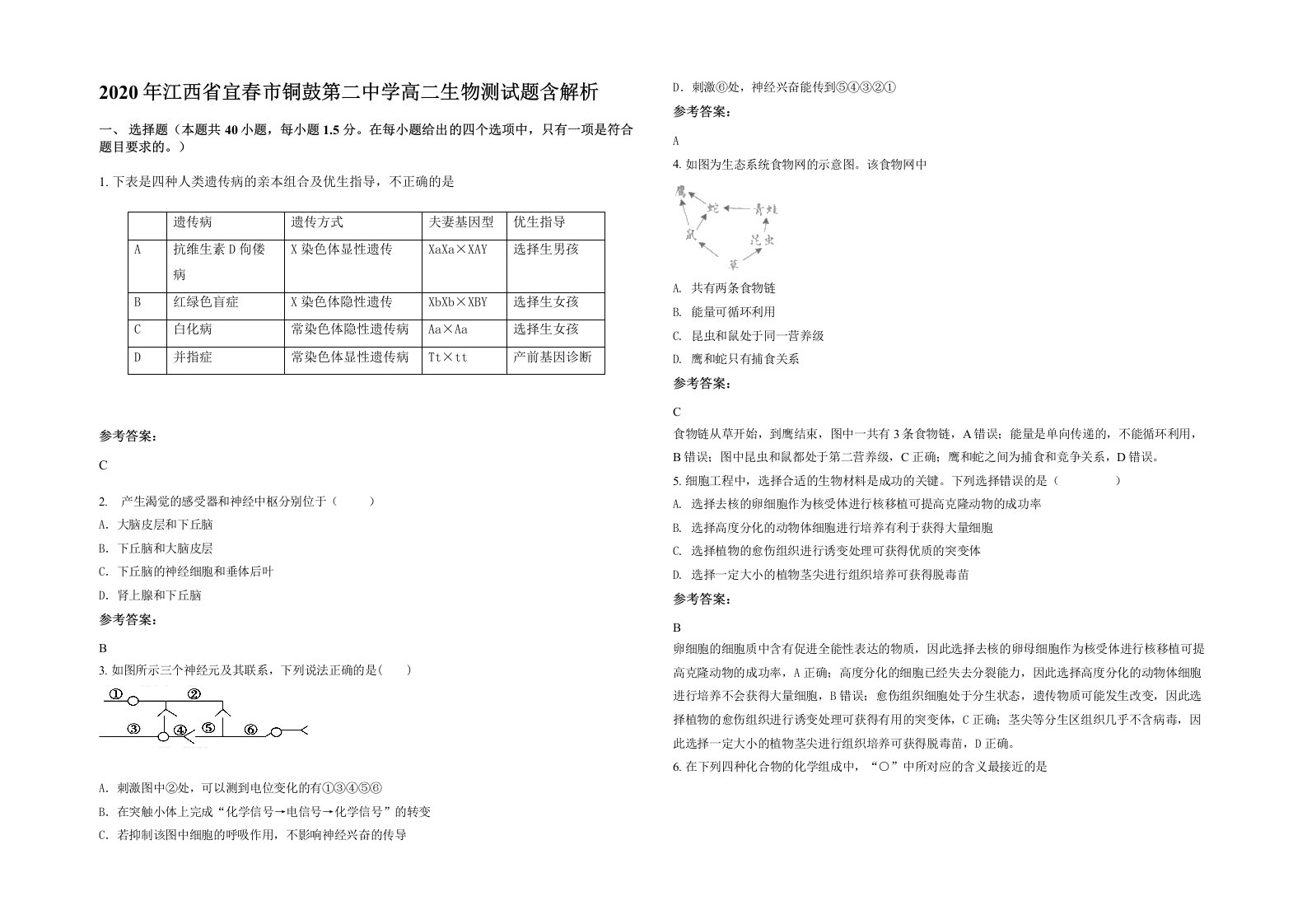 2020年江西省宜春市铜鼓第二中学高二生物测试题含解析