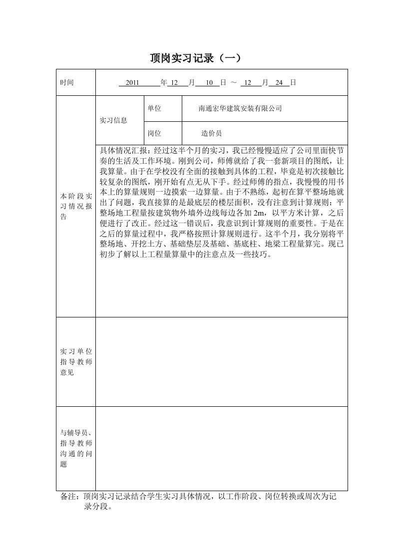 工程造价顶岗实习记录及总结