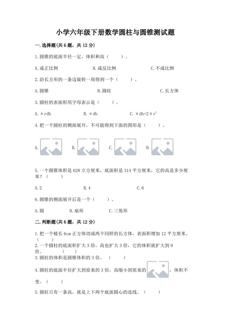 小学六年级下册数学圆柱与圆锥测试题word版