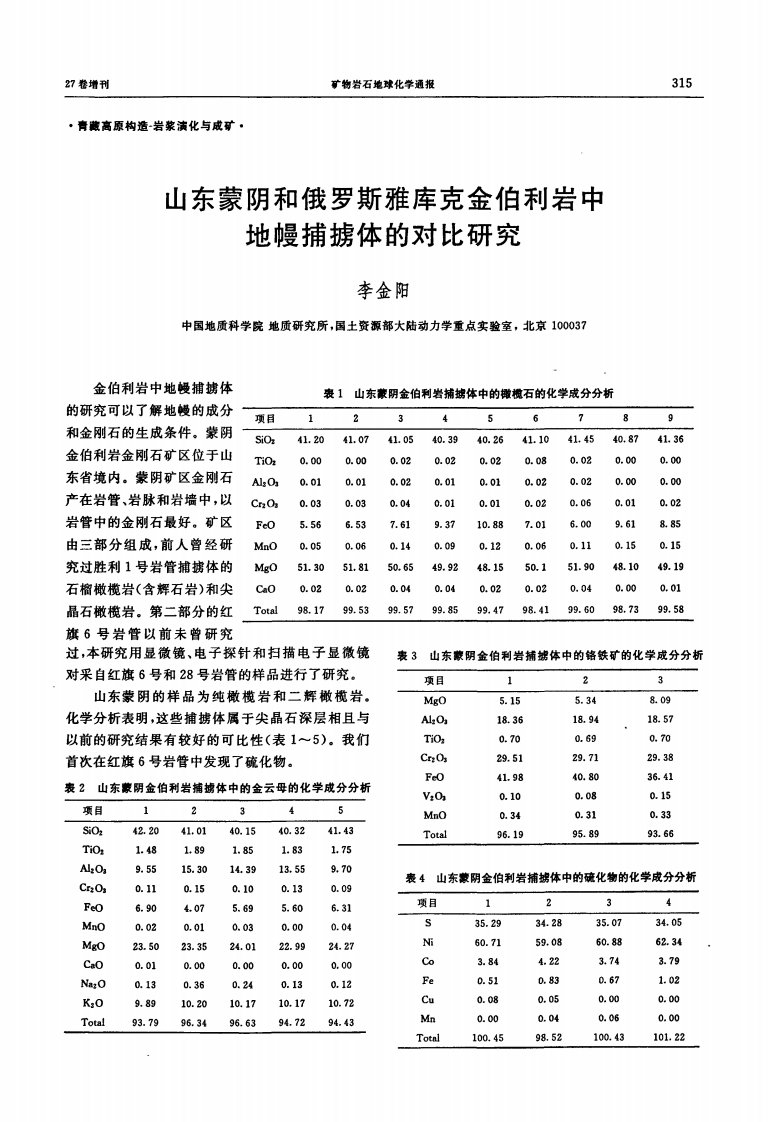 山东蒙阴和俄罗斯雅库克金伯利岩中地幔捕掳体的对比研究