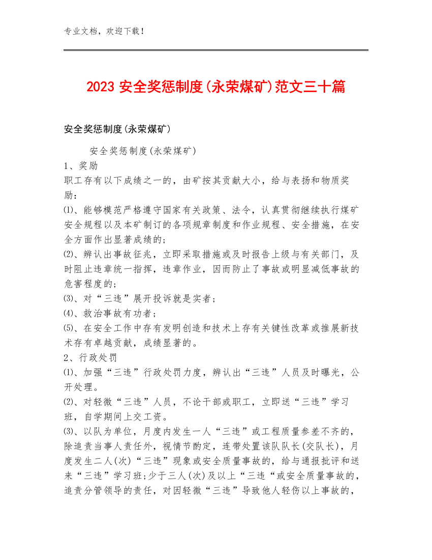 2023安全奖惩制度(永荣煤矿)范文三十篇