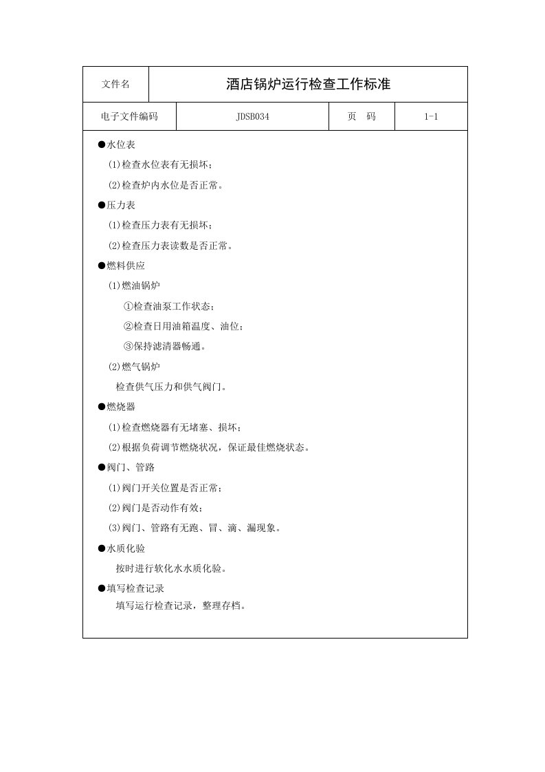 酒类资料-酒店锅炉运行检查工作标准