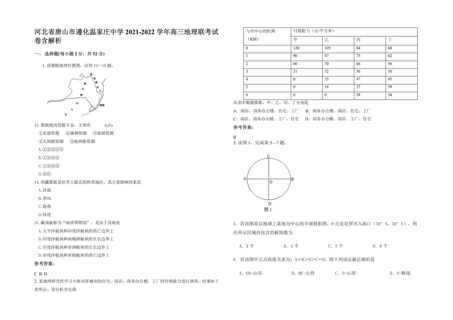 河北省唐山市遵化温家庄中学2021-2022学年高三地理联考试卷含解析