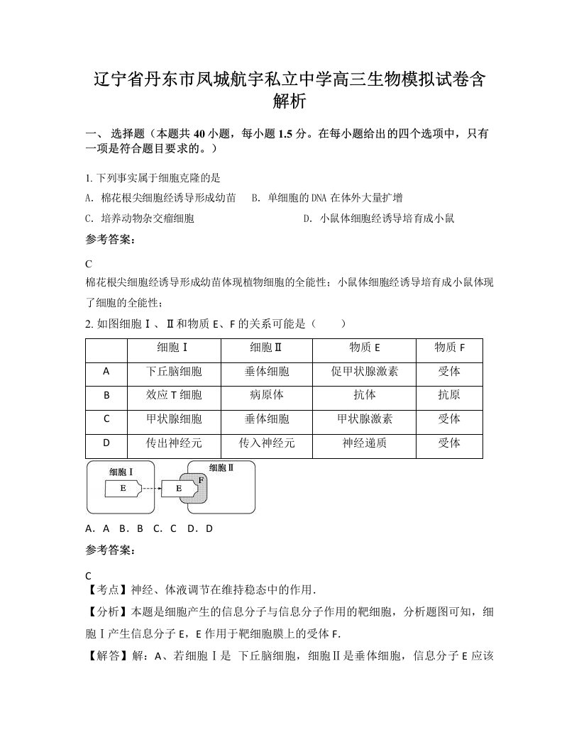 辽宁省丹东市凤城航宇私立中学高三生物模拟试卷含解析