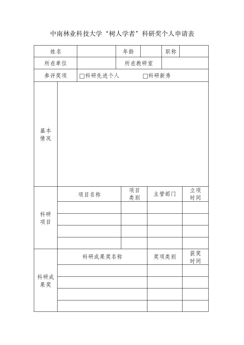 中南林业科技大学树人学者科研奖个人申请表