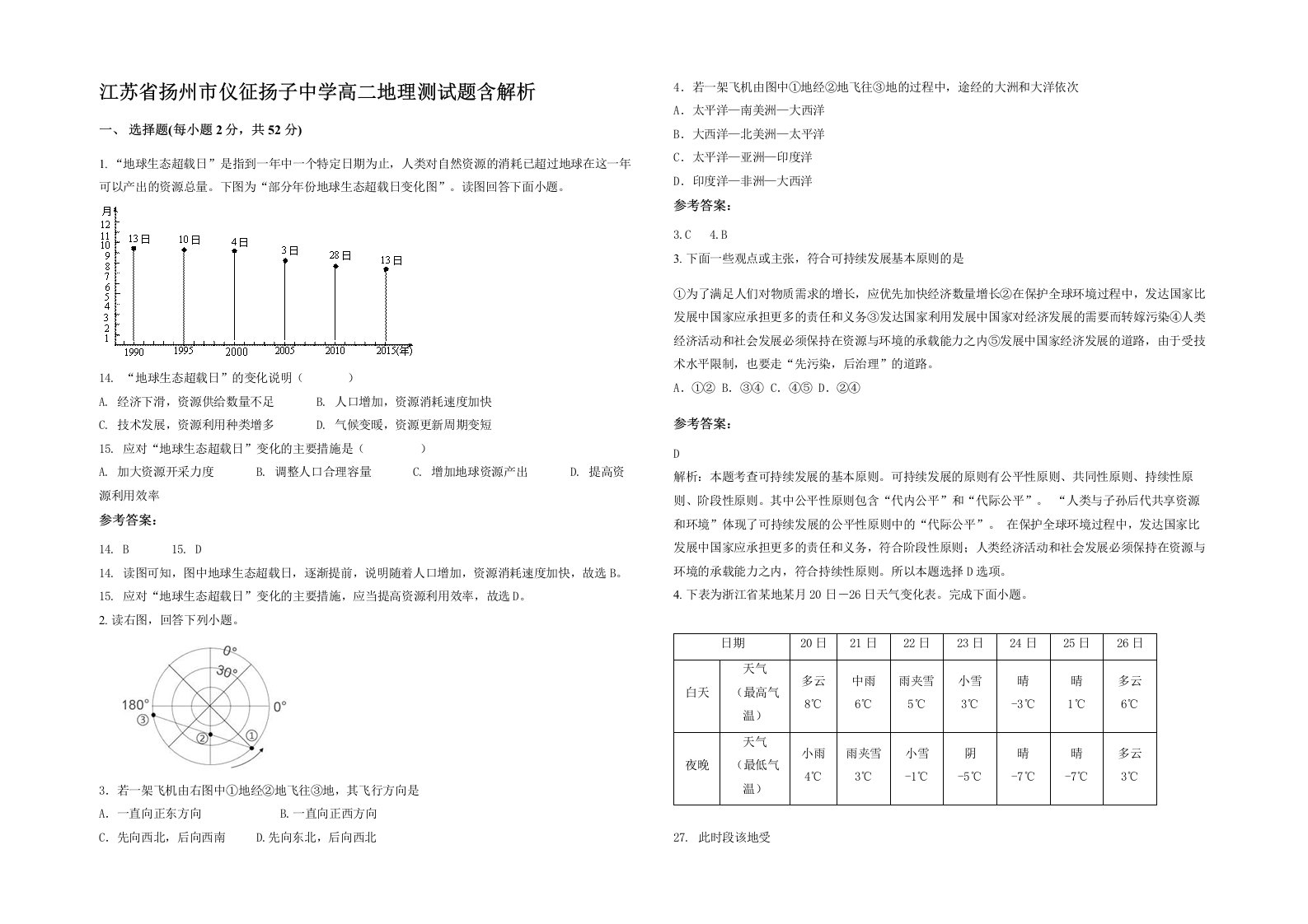 江苏省扬州市仪征扬子中学高二地理测试题含解析